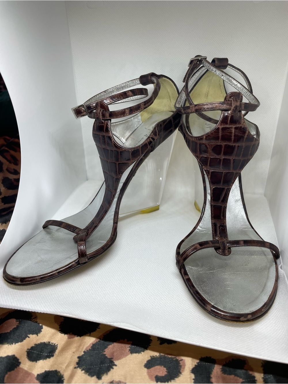 Giuseppe Zanotti Brown Croc-Embossed T-Strap Sandals with Clear Wedge